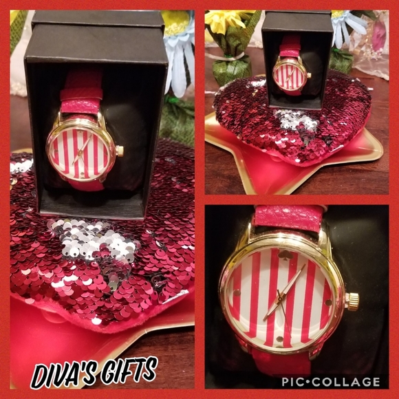 Women's Red Stripe Fashion Watch with Gold Face Designer Style NWT - Picture 2 of 4